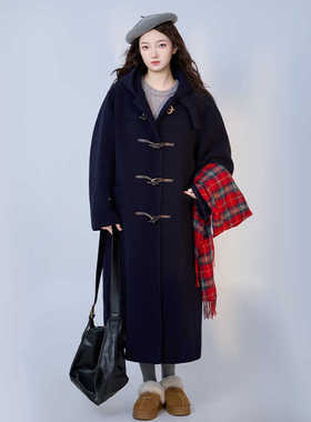 可定制藏青色学院风大帽子宽松慵懒加长厚实牛角扣双面羊绒大衣