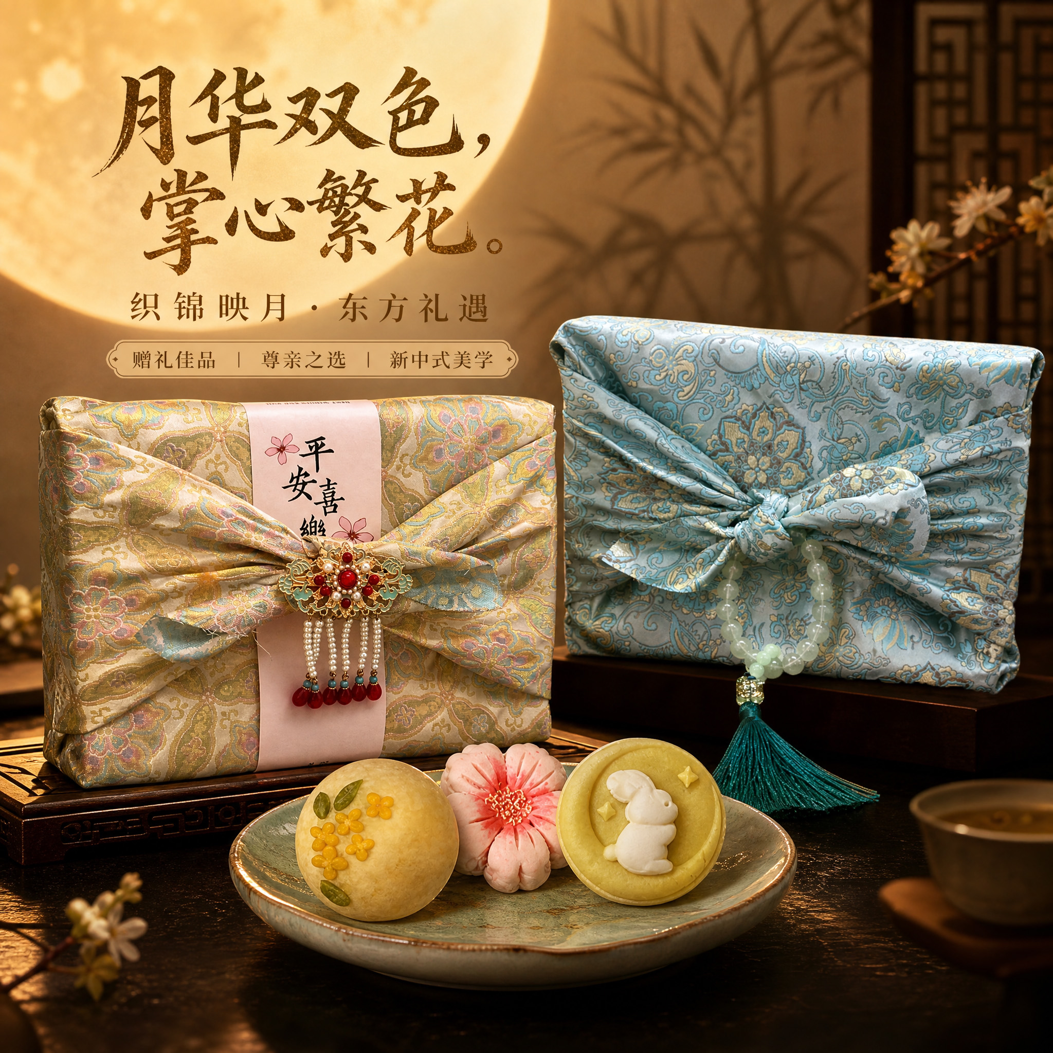 双层中秋节月饼礼盒装中式糕点心花酥国风织锦缎高档伴手礼送长辈