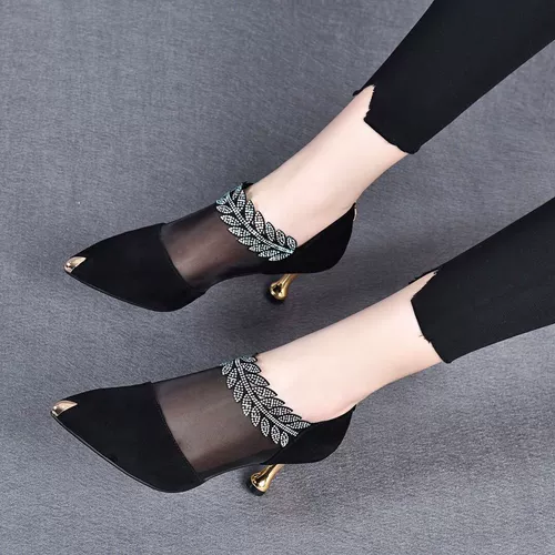 Сетчатые туфли, матовые сандалии с заостренным носом на высоком каблуке, из натуральной кожи