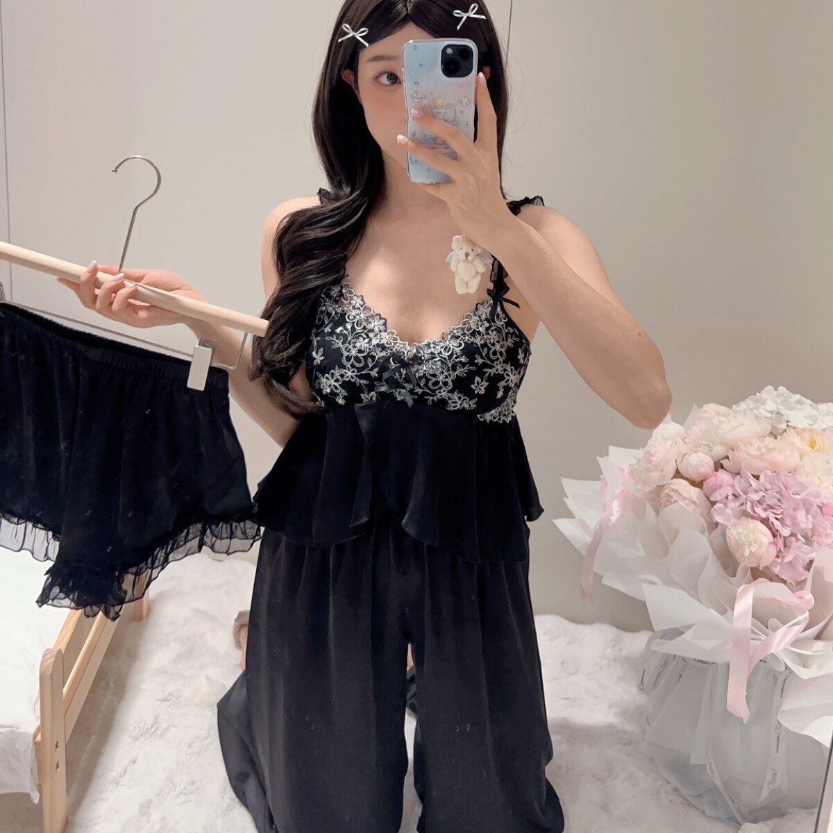 纯色蕾丝花边睡衣女夏季两件套四睡袍/浴袍