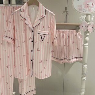 冰丝睡衣女三件套春夏感冰雪丝海豚蓝条纹维多利亚家居服套装