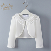 爆款 女童新款 纯色开衫 小披肩纯棉珍珠中大童短袖 小外套 礼服长袖