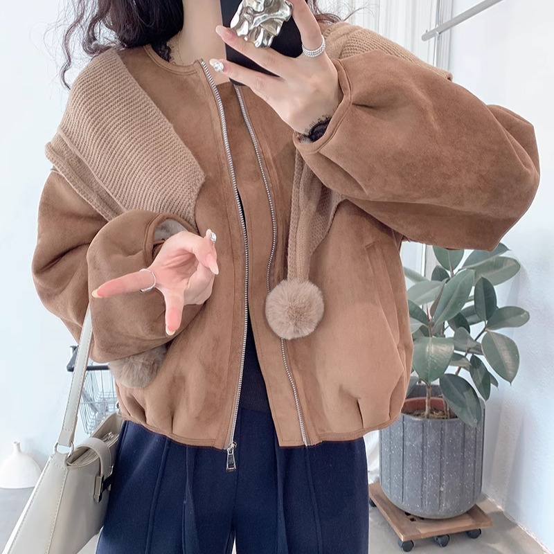 复古可脱卸球球连帽围巾圆领麂皮绒皮毛一体长袖加绒外套上衣女冬