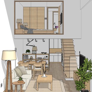 日式LOFT单身青年公寓草图大师SU模型阁楼卧室小户型客厅餐厅楼梯
