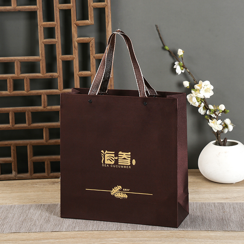 爆款高档皮革海参手提袋滋补品礼品袋现货咖啡色手提袋可定制LOGO