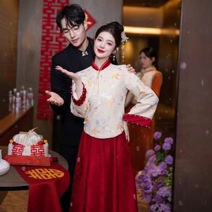 海棠记孕妇旗袍敬酒服新娘订婚礼服秋冬加厚中式大码胖mm遮肚回门