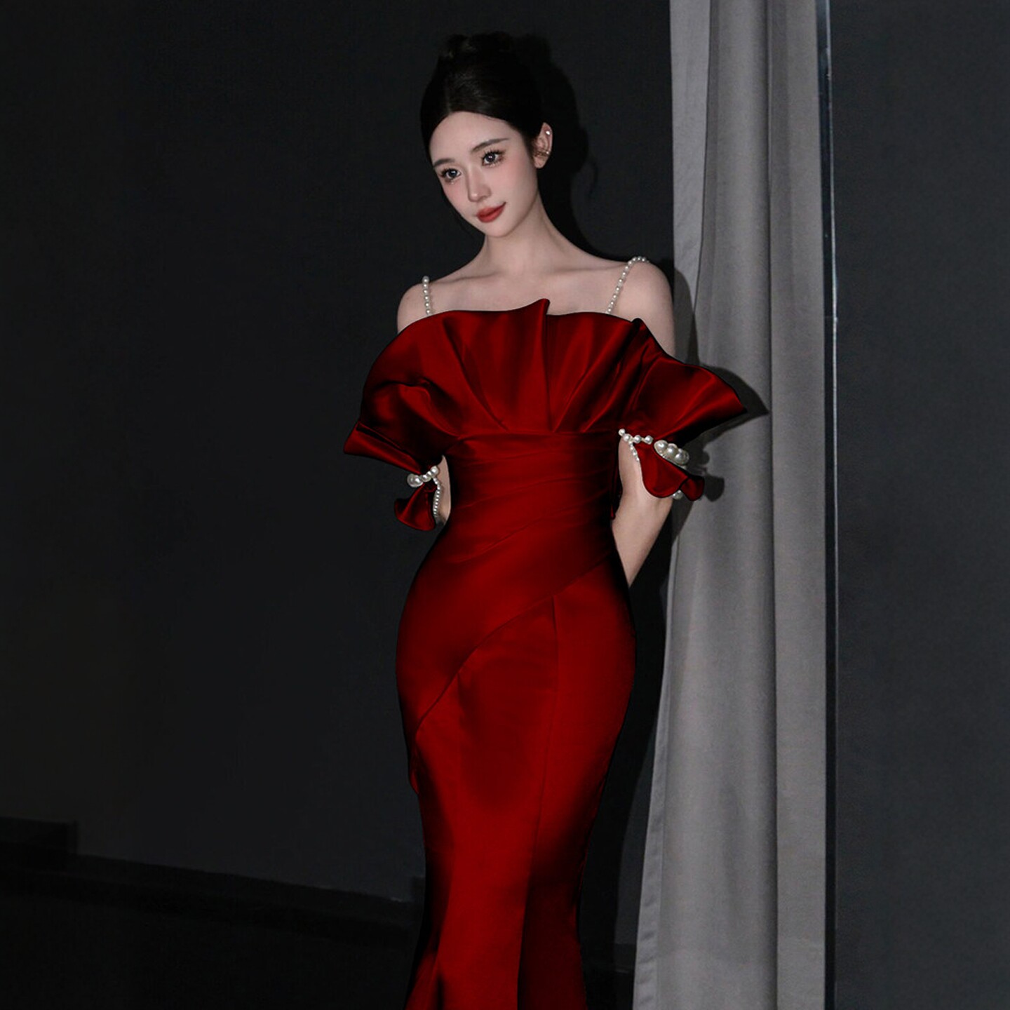 海棠记抹胸敬酒服新娘酒红色鱼尾订婚连衣裙主持人晚礼服气质名媛