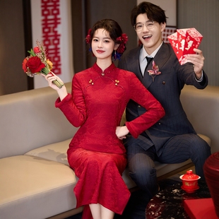 海棠记红色旗袍敬酒服新娘新中式订婚礼服裙小个子结婚回门加绒冬
