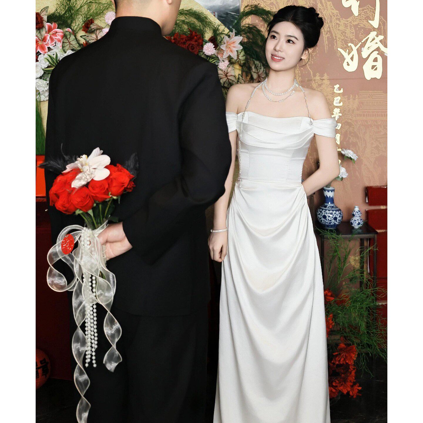 法式一字肩敬酒服白色订婚登记连衣裙出门纱气质宴会轻婚纱小礼服