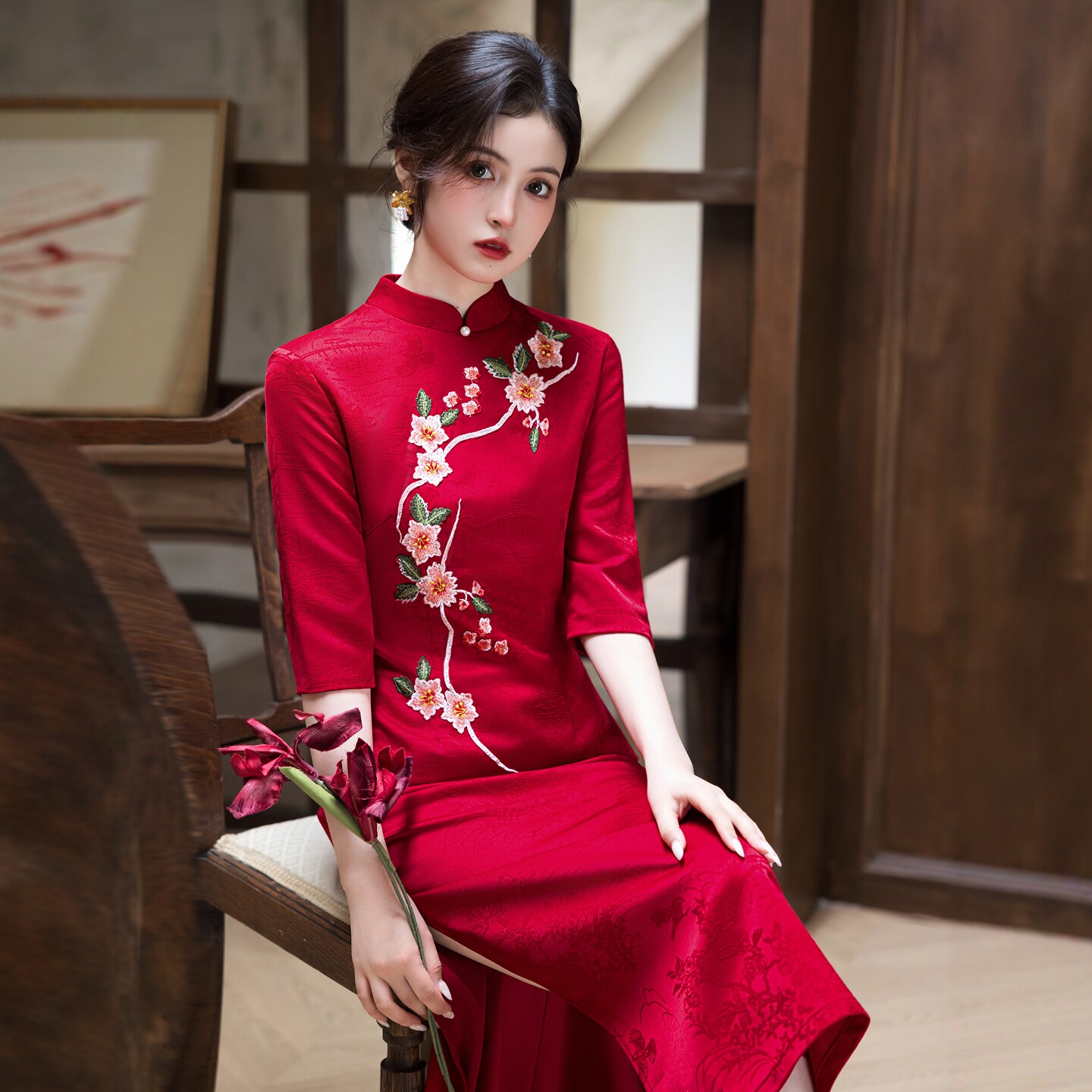 海棠记红色旗袍敬酒服新娘小个订婚礼服连衣裙新中式结婚年轻女冬