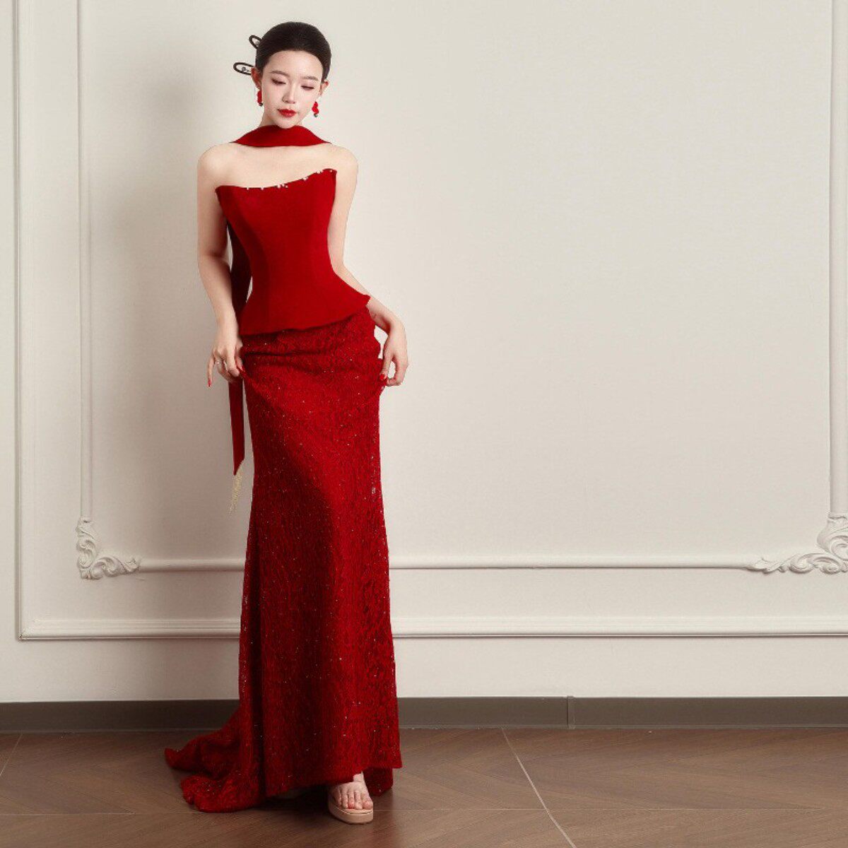 海棠记新中式晨袍女新娘订婚结婚礼服裙2026新款酒红色鱼尾出阁宴