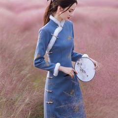 海棠记旗袍冬款秋冬长袖加绒加厚冬天长款改良冬装连衣裙女秋冬季