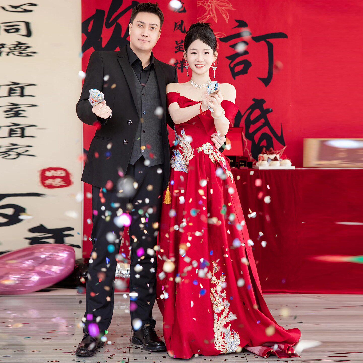 新中式酒红色敬酒服新娘一字肩气质高级感回门答谢宴订婚礼服裙女