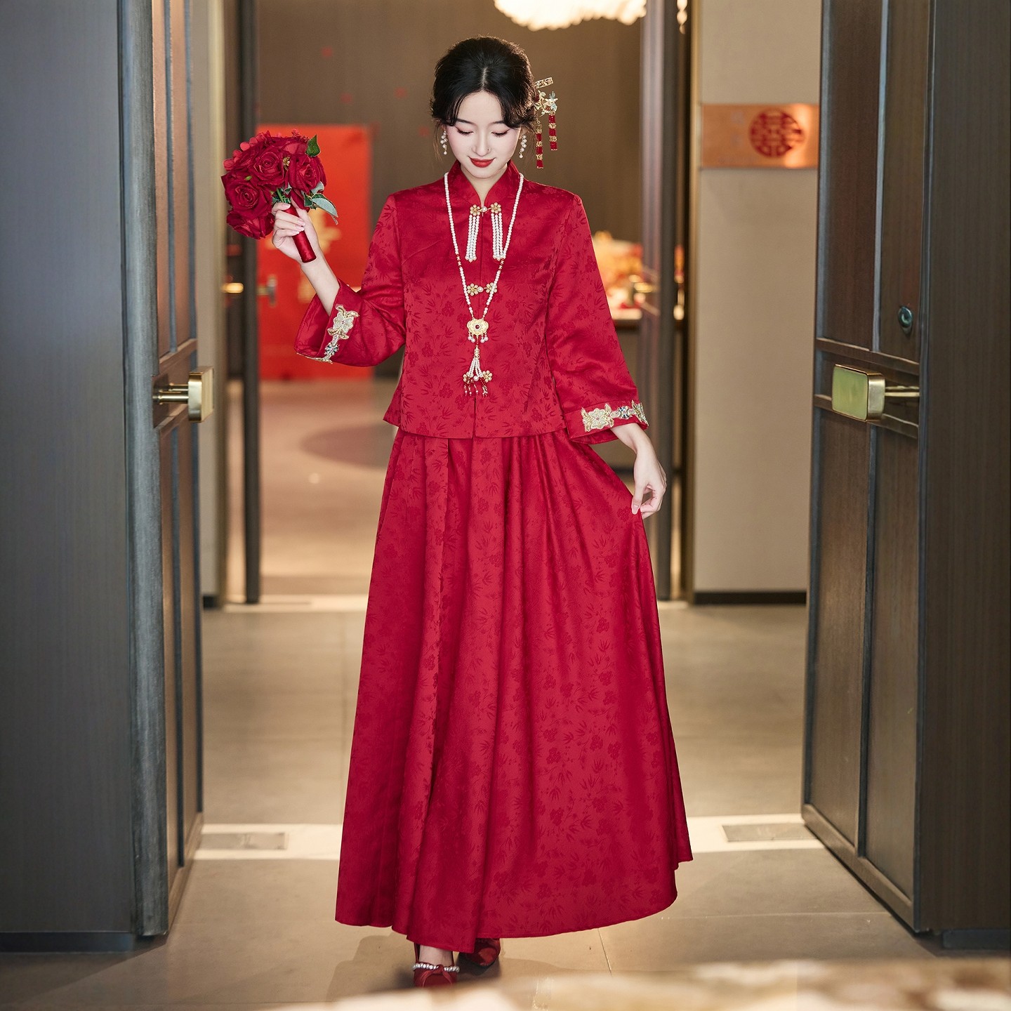 海棠记孕妇敬酒服女中式秀禾旗袍套装大码出嫁婚服新娘订婚礼服裙