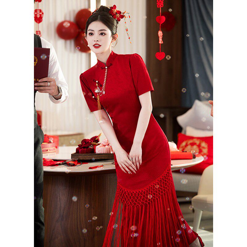 红色中国风新中式晨袍新娘敬酒服旗袍订婚礼服裙女结婚答谢宴夏季