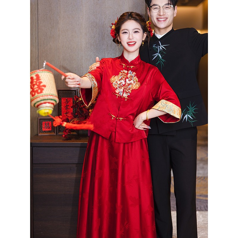 海棠记孕妇敬酒服新娘中式秀禾旗袍套装红色订婚喜嫁礼服裙大码胖