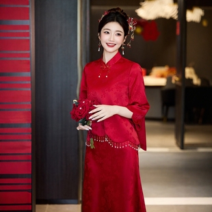 绝美结婚便装 立领新娘敬酒服套装 红色订婚礼服裙女长袖 海棠记中式
