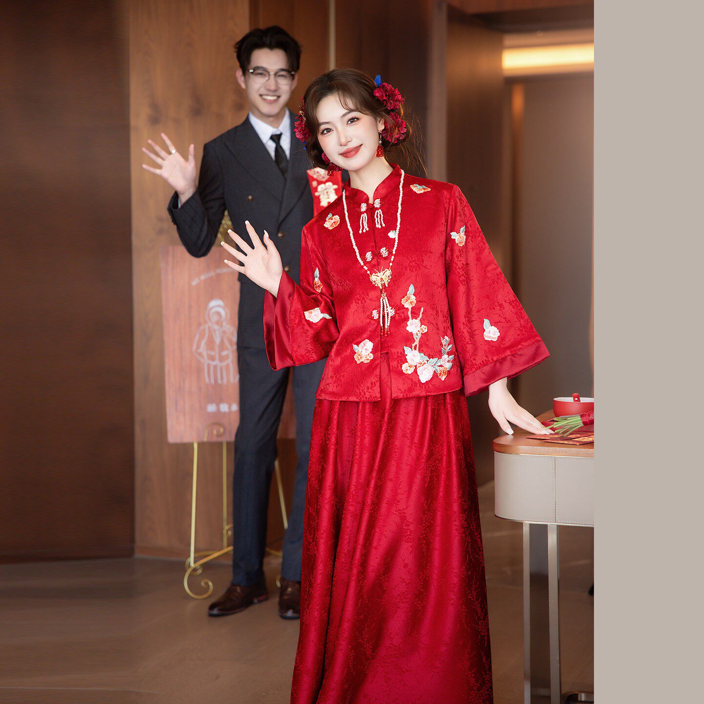 新中式敬酒服新娘孕妇大码女装气质显瘦结婚订婚回门礼服红色套装