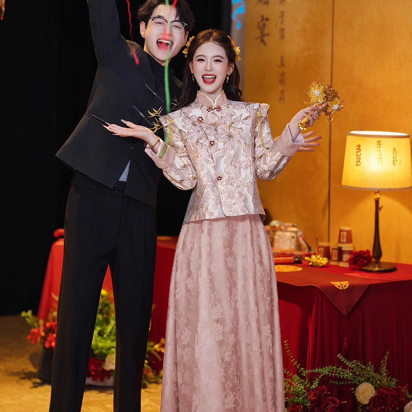 海棠记新中式孕妇旗袍敬酒服粉色订婚礼服裙大码胖mm高腰遮肚秀禾