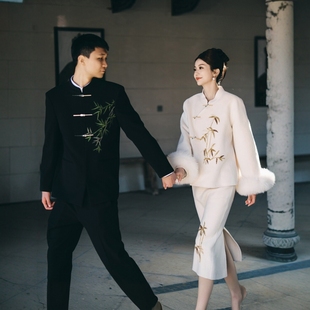 海棠记高端订婚礼服裙长袖冬装毛呢套装新中式国风敬酒服新娘出阁