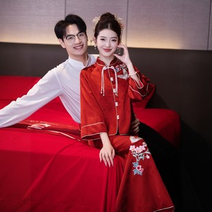 海棠记红色旗袍敬酒服新娘订婚礼服裙女结婚便装中式套装长袖刺绣