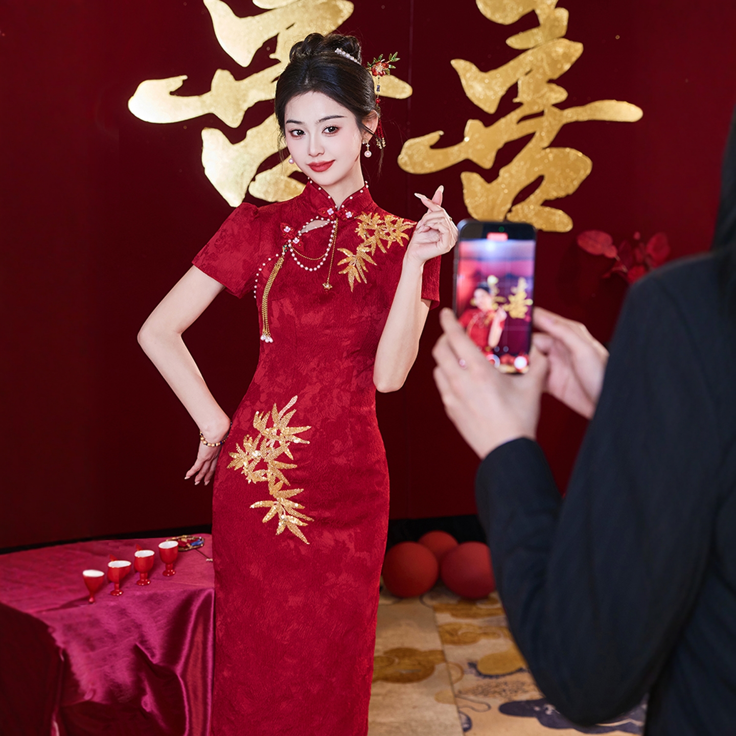 海棠記紅色旗袍敬酒服新娘小個子