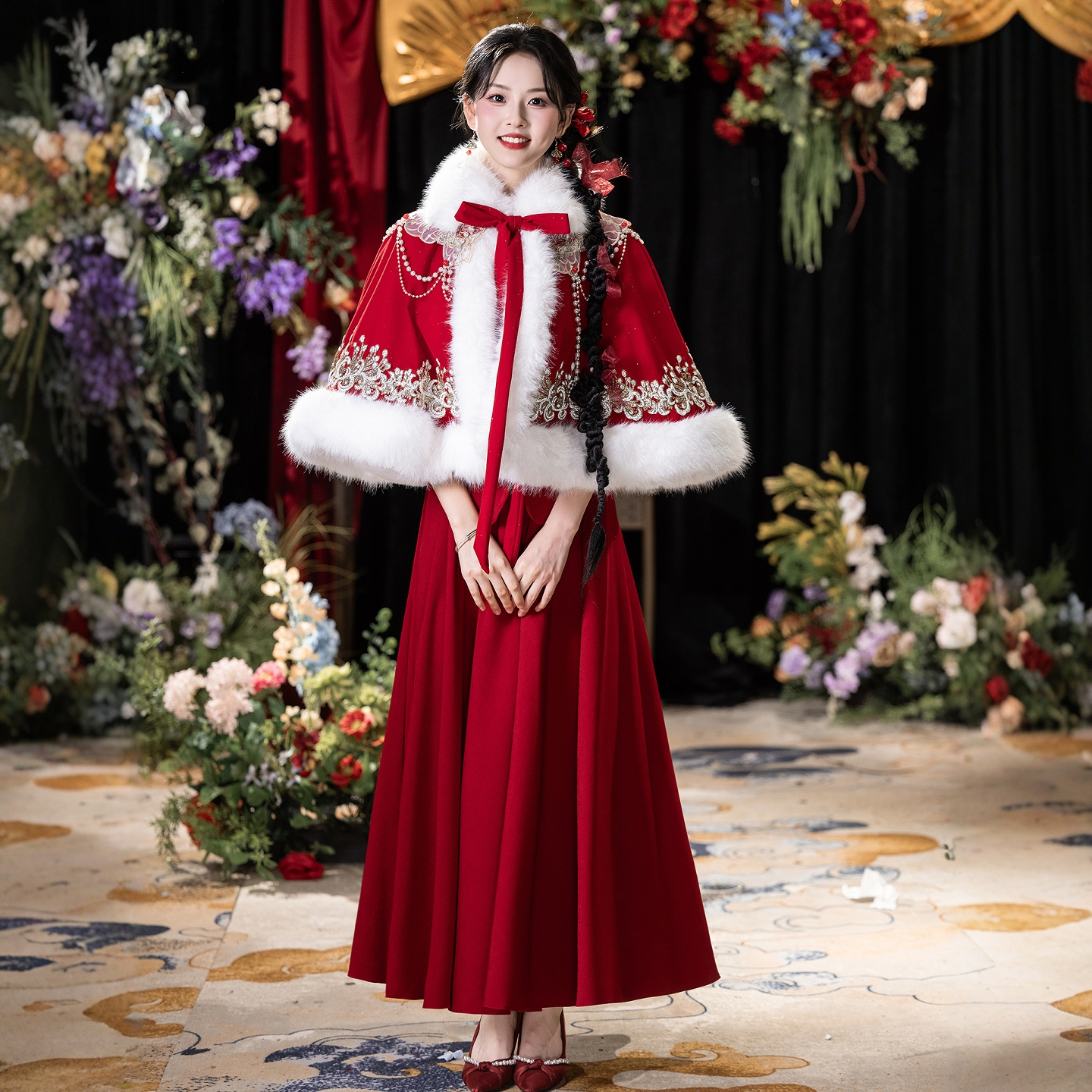 海棠记红色披肩秋冬季加厚保暖