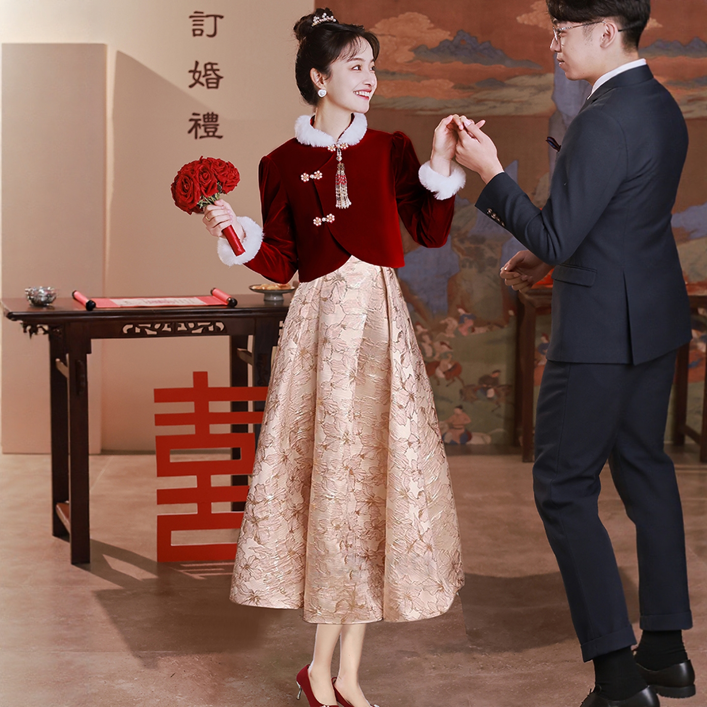 海棠记红色旗袍敬酒服新娘裙套装