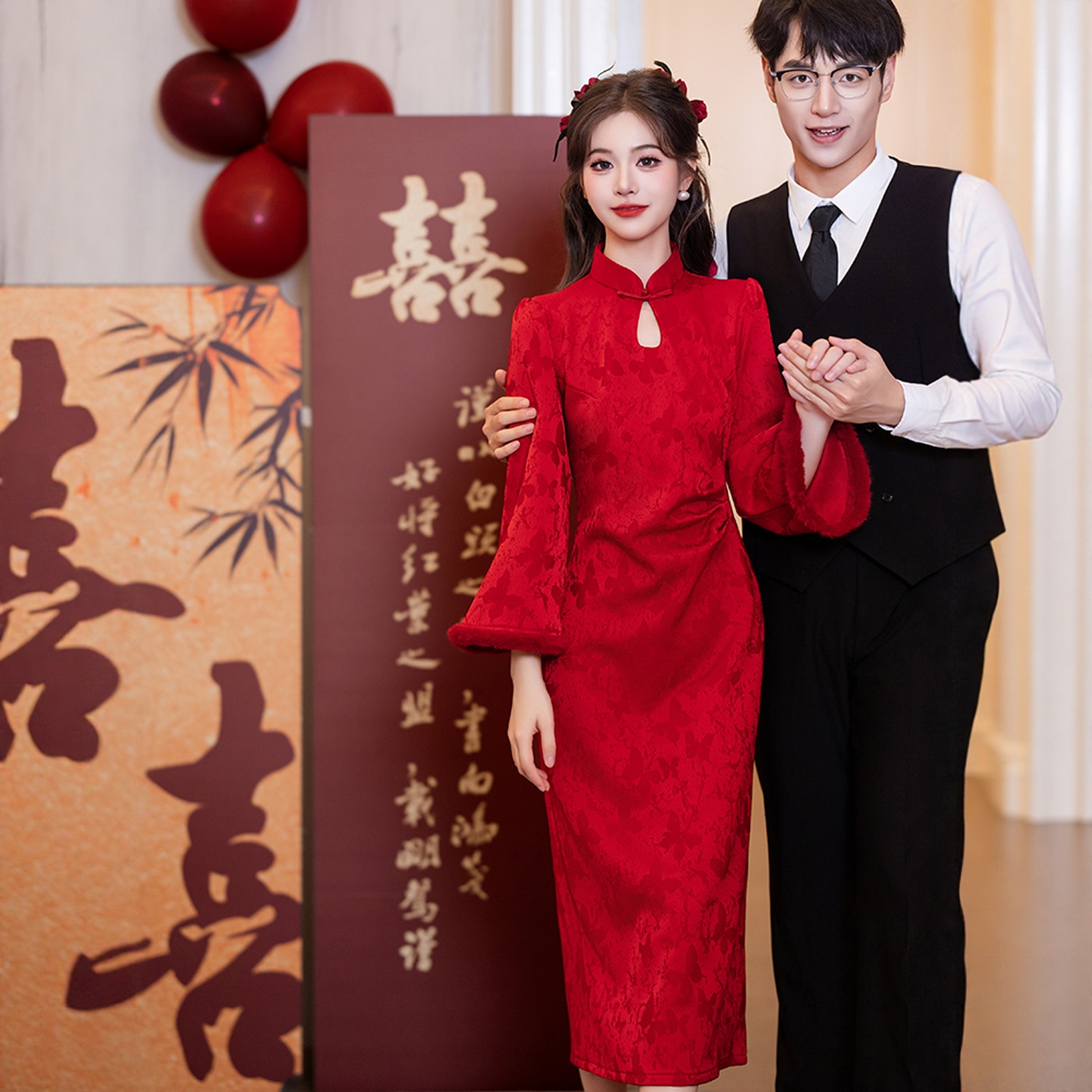 海棠记红色旗袍敬酒服结婚新娘装