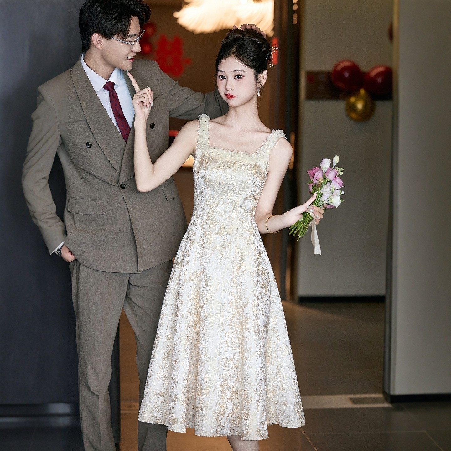 海棠记香槟色订婚礼服裙新敬酒服新娘小个子法式领证登记日常可穿