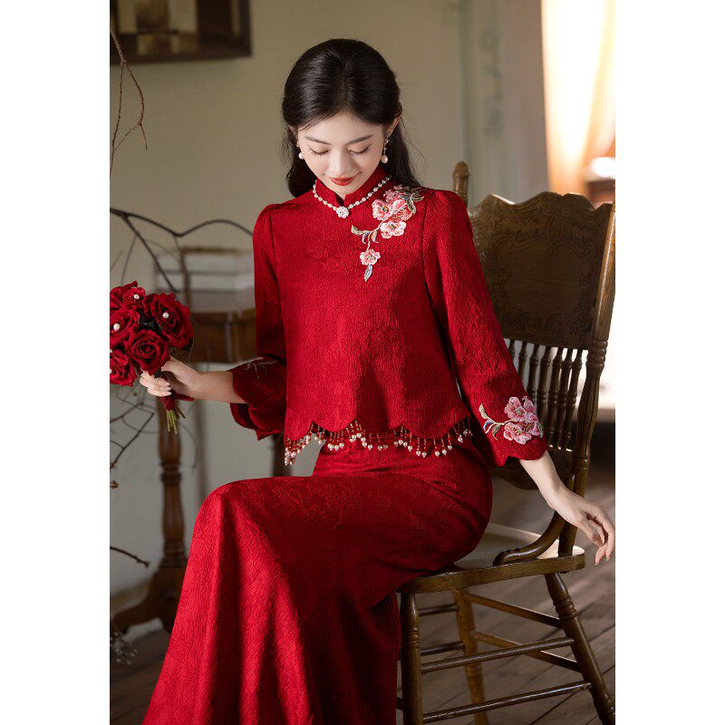 春夏季长袖红色新娘结婚敬酒服旗袍中式出阁宴套装订婚礼服女鱼尾