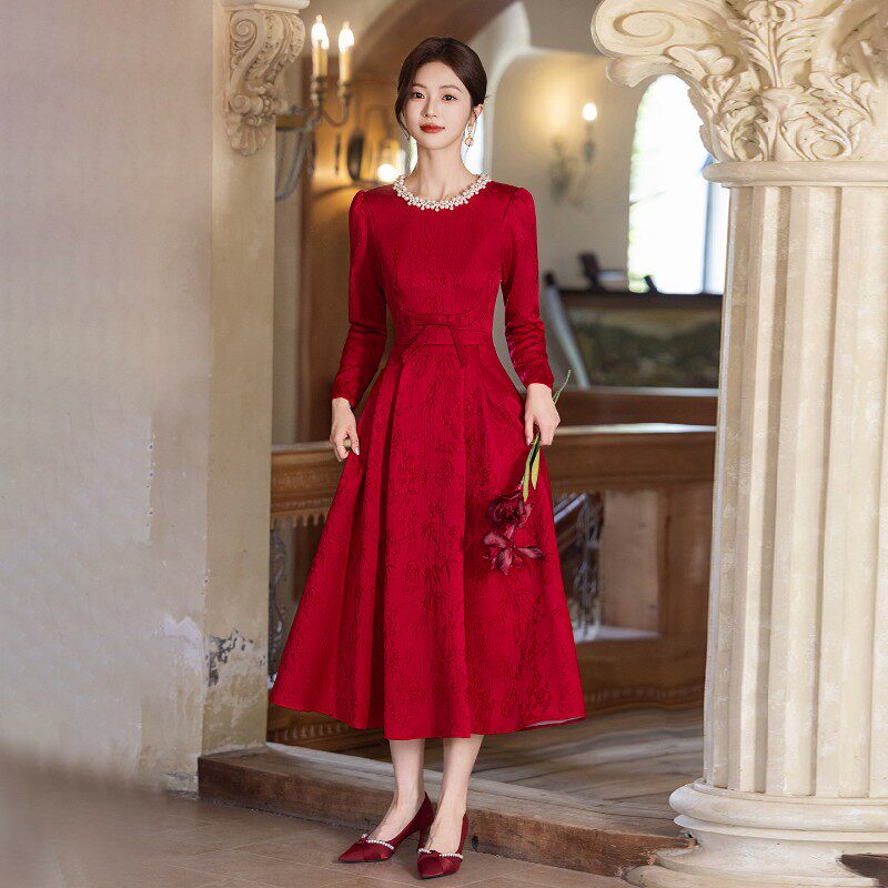 春夏季长袖红色新娘结婚敬酒服小礼服裙女小个子订婚公主裙中长款
