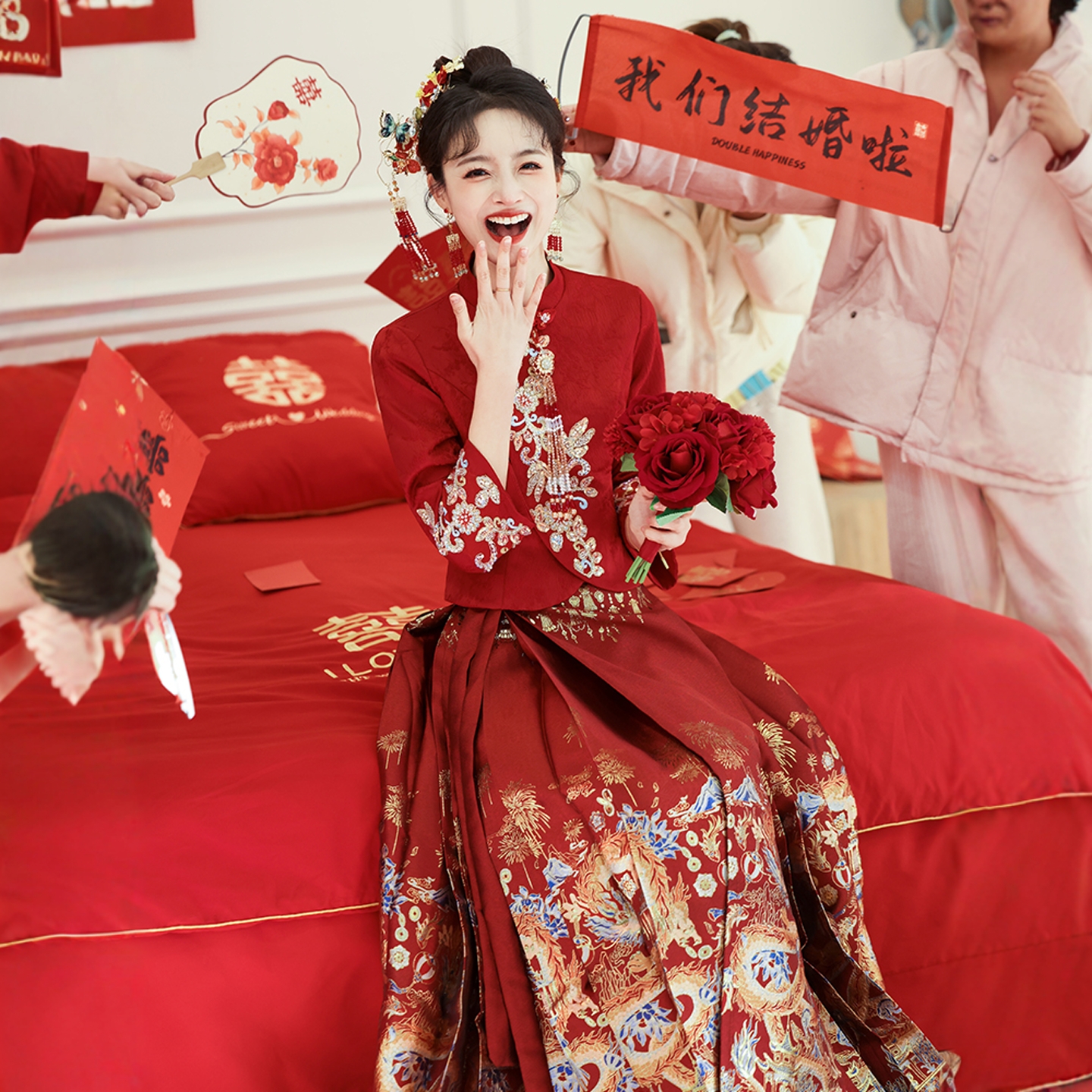 海棠记红色马面裙敬酒服新娘旗袍