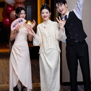 海棠记绝美订婚轻礼服新款领证登记小个子中式旗袍日常连衣裙披肩