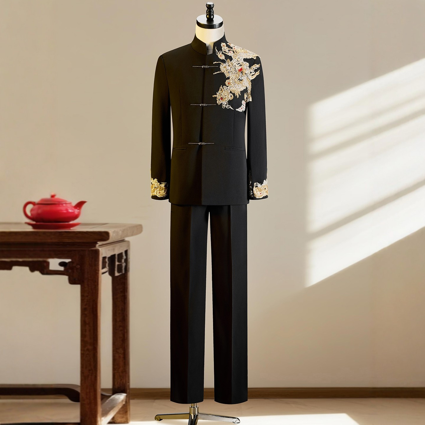 海棠记中式秀禾服新郎中山装结婚套装唐装西装外套男装黑色敬酒服