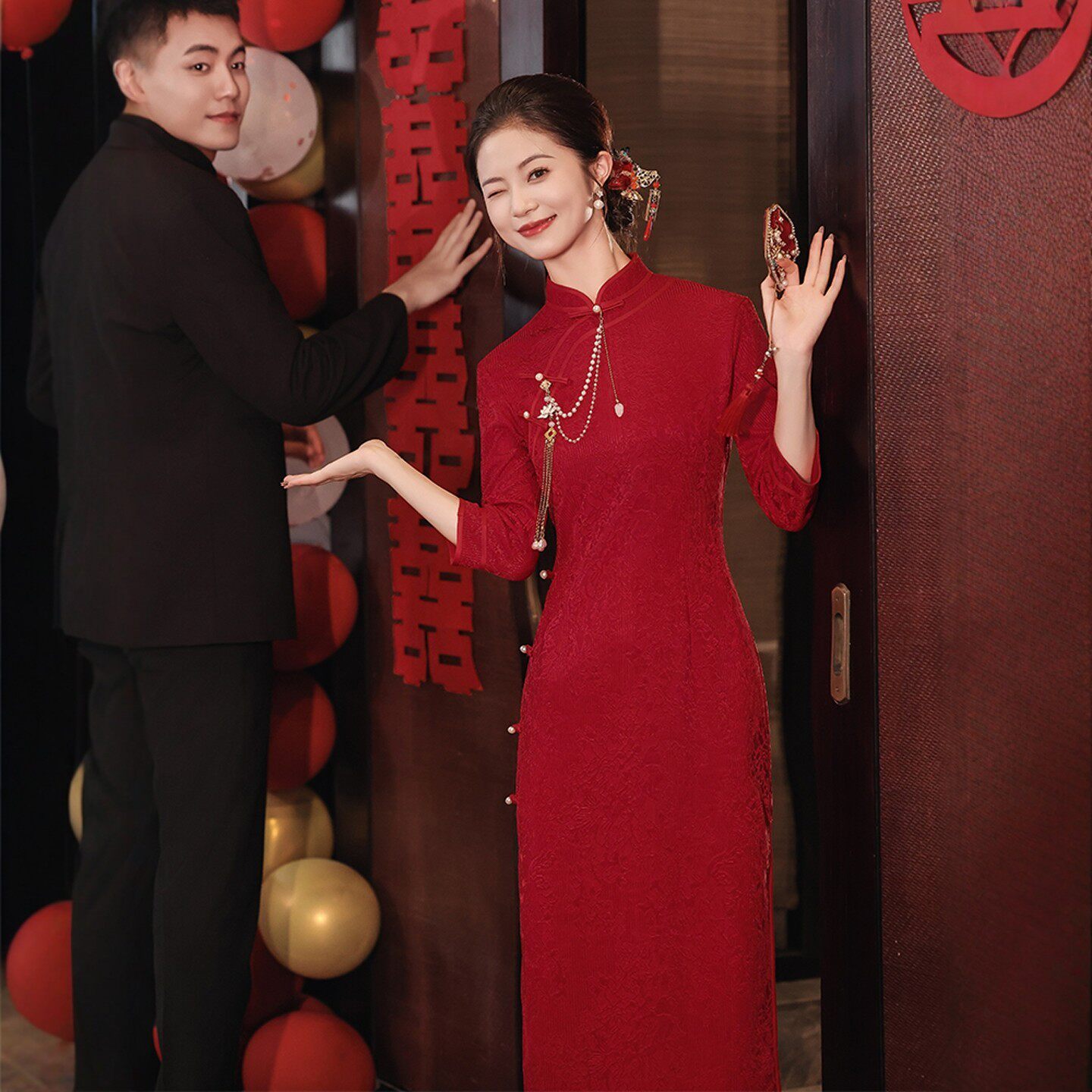 海棠记红色旗袍敬酒服小个子订婚礼服裙中式结婚当天便装显瘦长袖