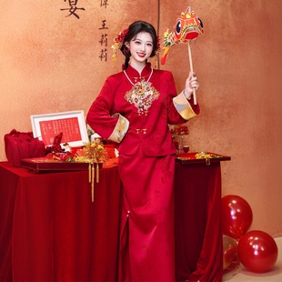 海棠记新中式敬酒服新娘冬款红色长袖订婚礼服裙套装高端大气回门