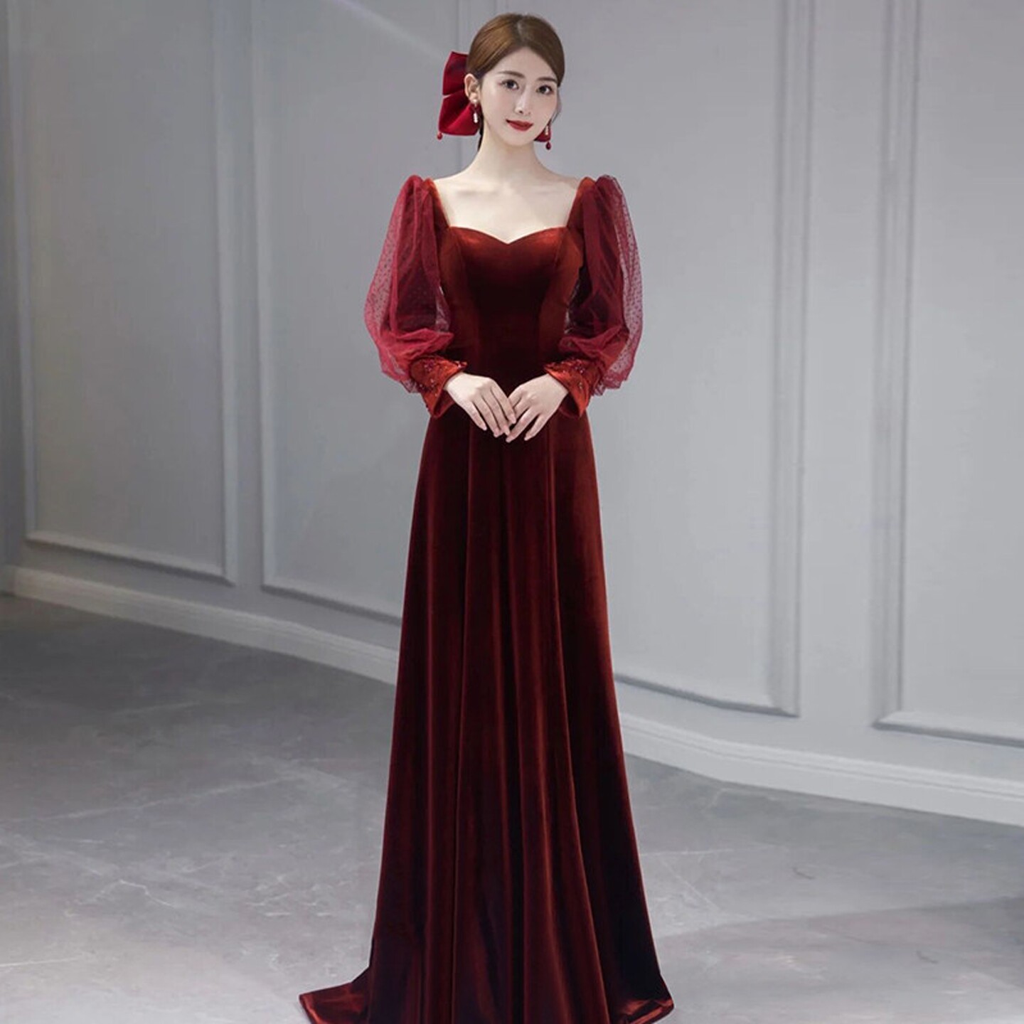 海棠记敬酒服新娘新款红色法式订婚礼服裙高级女长袖回门小个气质