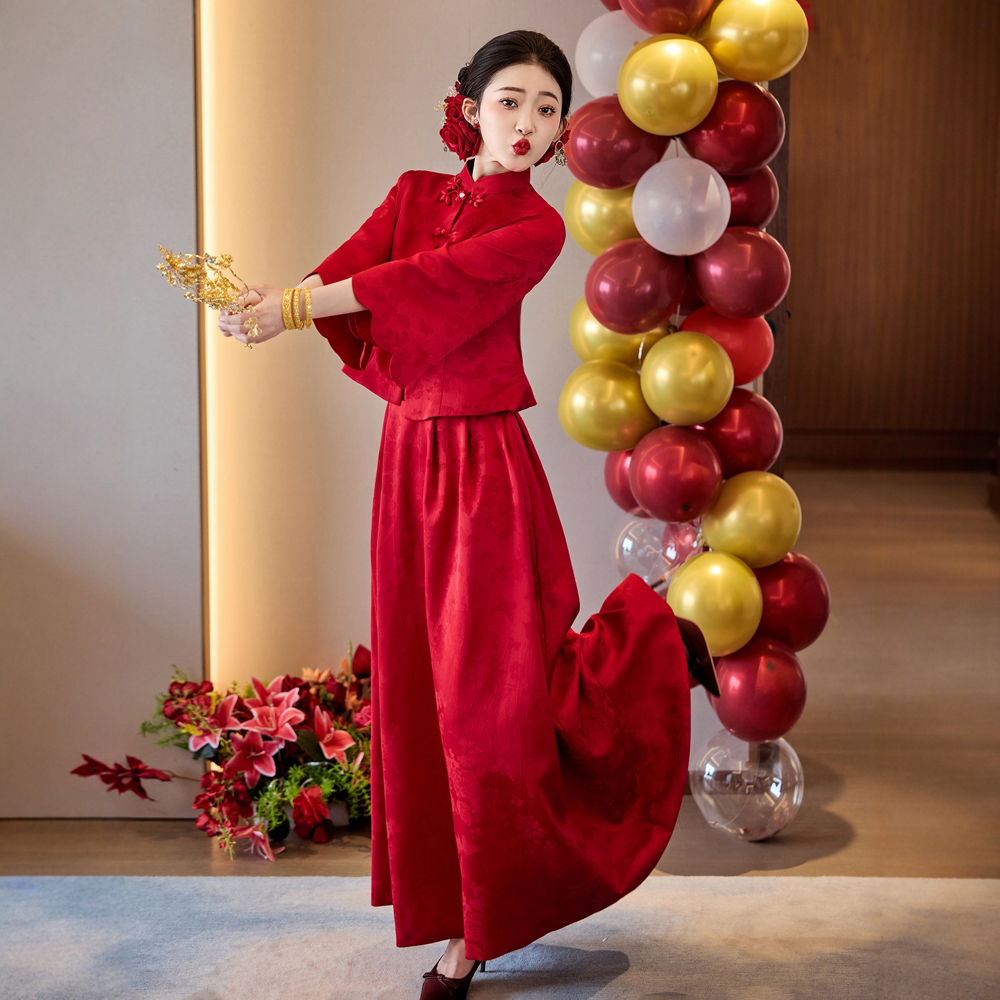 海棠记酒红色敬酒服新娘新款订婚