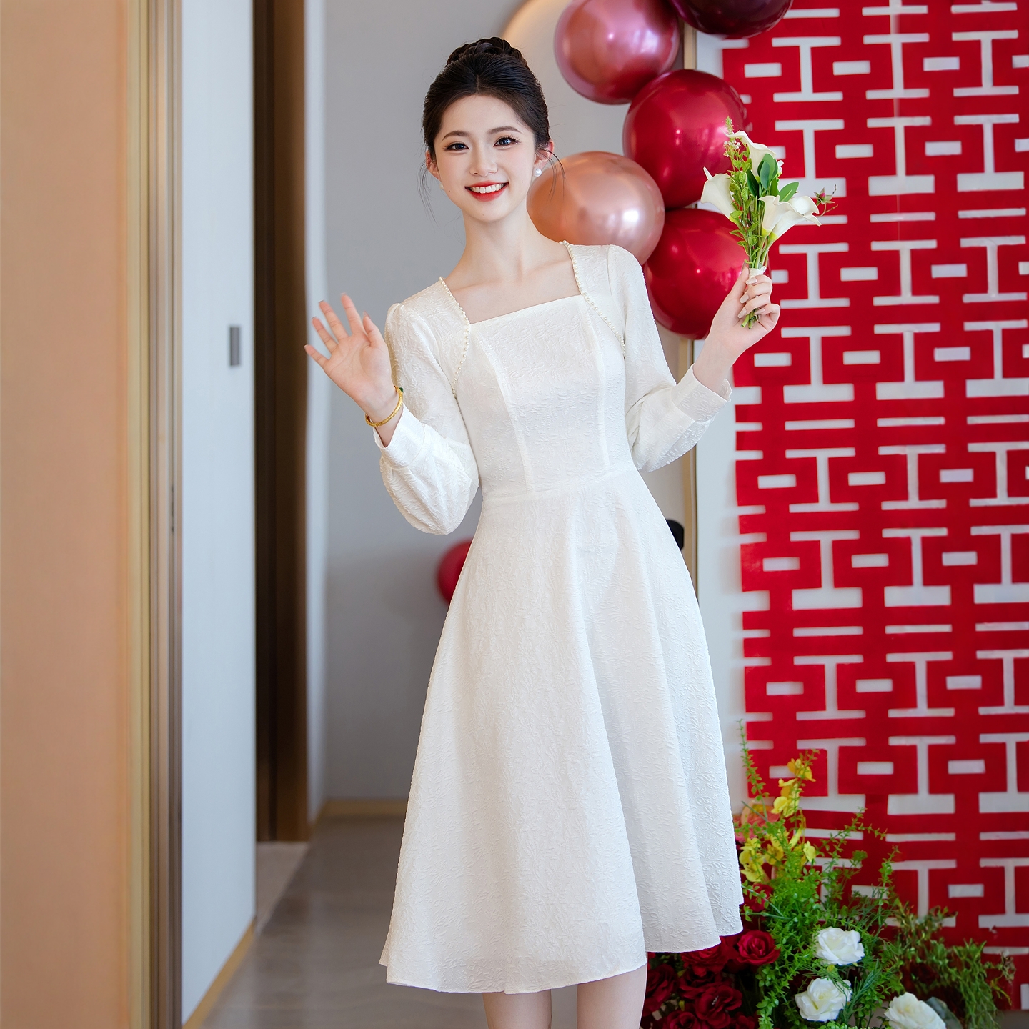 海棠记白色订婚礼服平时连衣裙子
