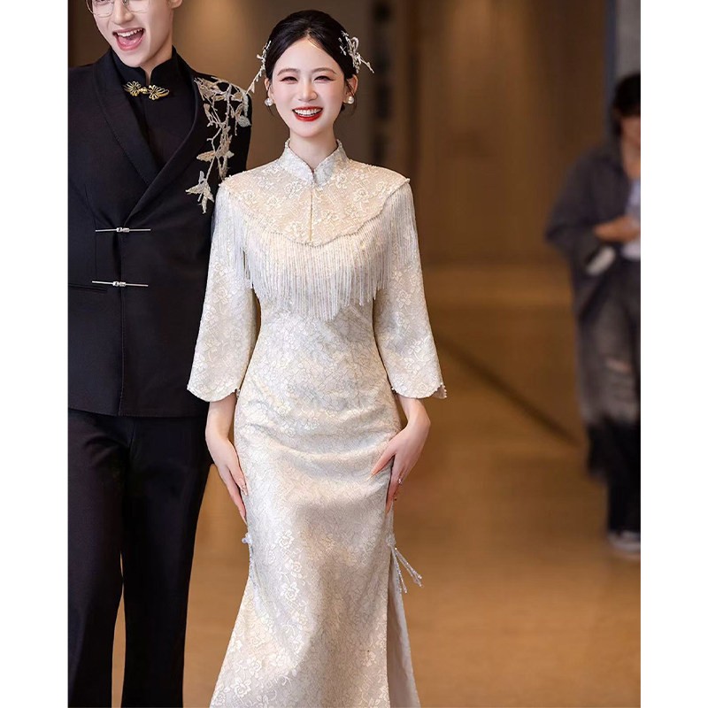海棠记新中式订婚礼服裙2026新款高级感香槟色晨袍女新娘国风长袖