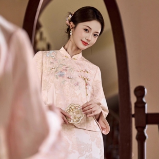 海棠记粉色订婚旗袍礼服裙新娘敬酒服新中式回门两件套答谢宴便装