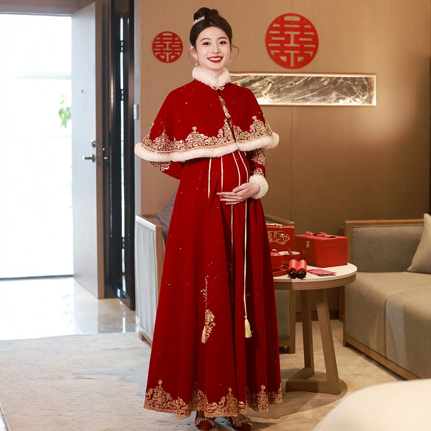 海棠记孕妇敬酒服新娘新款旗袍中式结婚秀禾大码胖mm订婚礼服秋冬