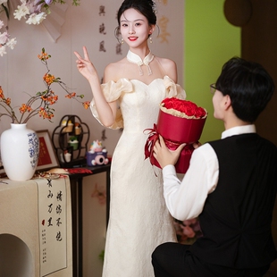 海棠记白色订婚礼服裙新款高级感挂脖敬酒服新娘小个子结婚回门宴