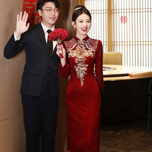 海棠记敬酒服新娘旗袍小个子红订婚礼服裙新中式婚服回门衣服蕾丝