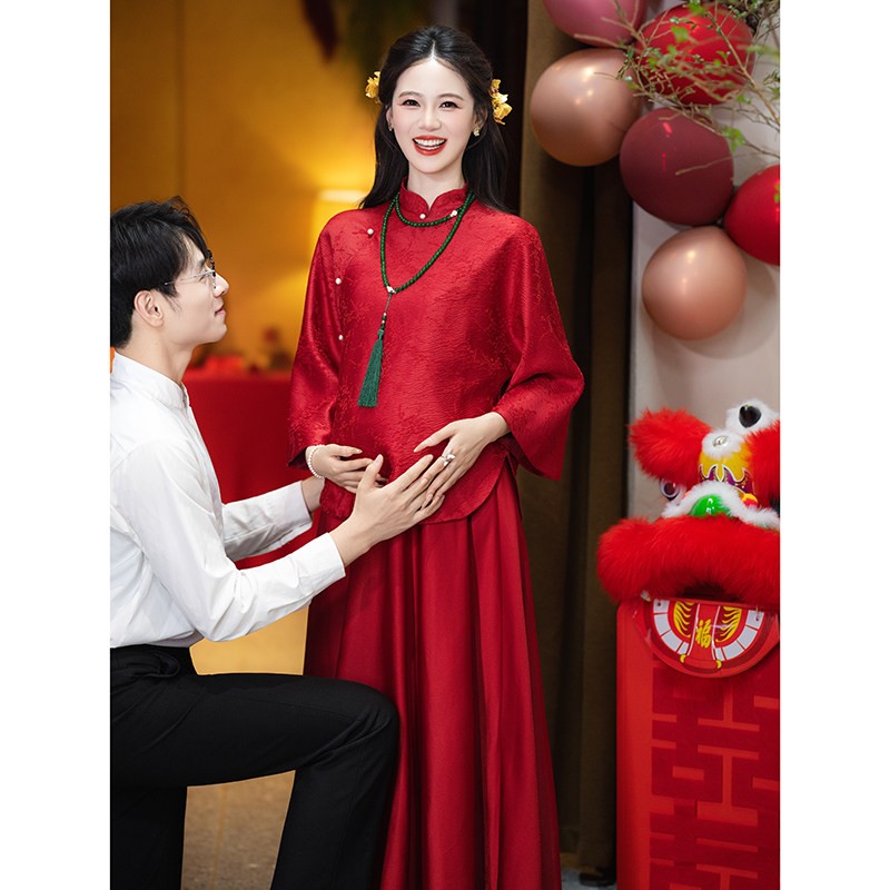 海棠记新中式孕妇旗袍敬酒服红色套装秀禾订婚礼服大码胖mm遮肚回