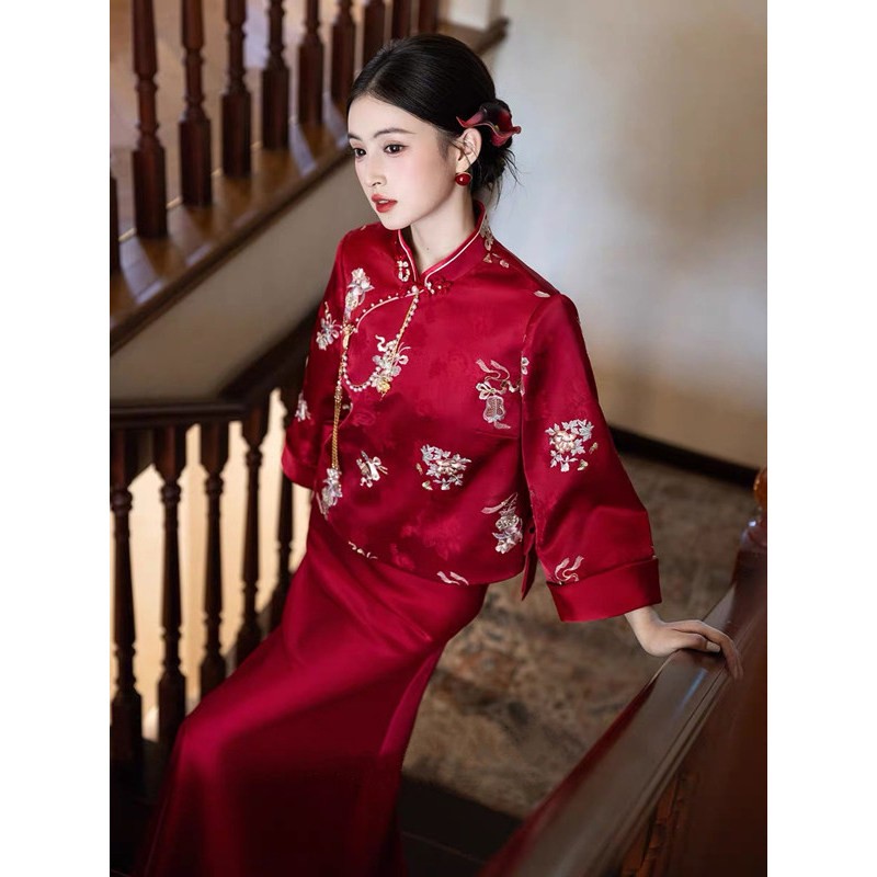 海棠记敬酒服新娘2026新款新中式长袖订婚礼服绝美两件套改良旗袍