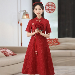 海棠记酒红色孕妇敬酒服胖mm大码高腰订婚连衣裙晚礼服结婚旗袍裙