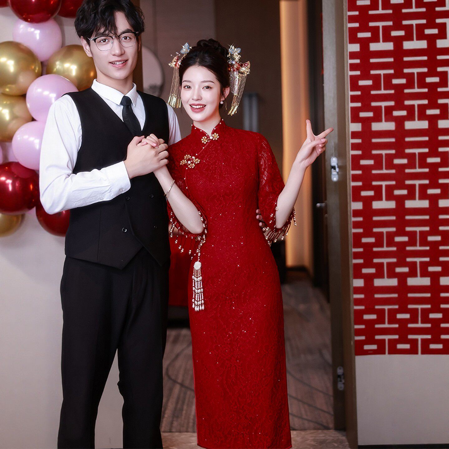 海棠记红旗袍敬酒服新娘小个子订婚礼服连衣裙新中式结婚蕾丝中袖