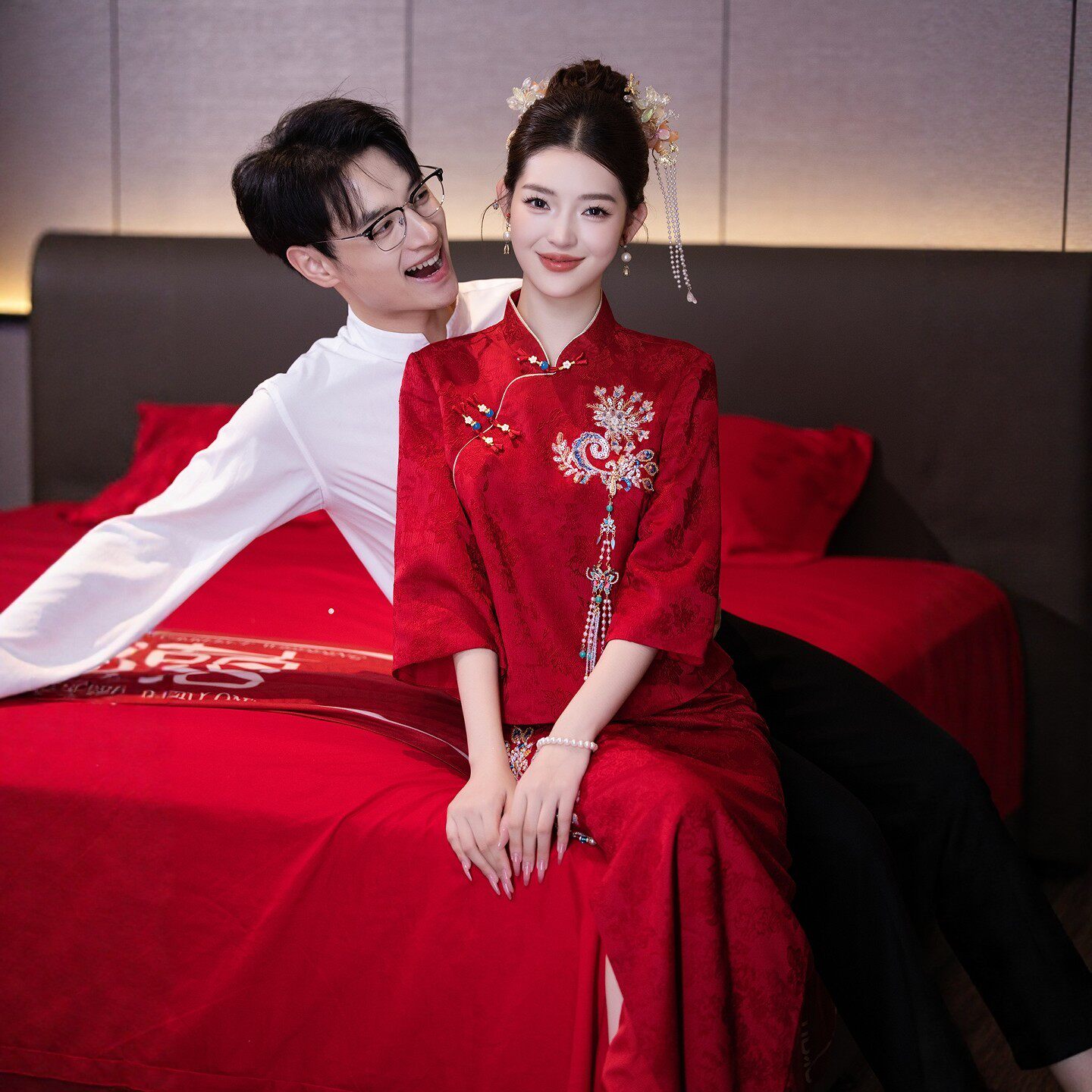 海棠记红色旗袍敬酒服新娘新款订婚礼服裙女结婚中式套装显瘦长袖